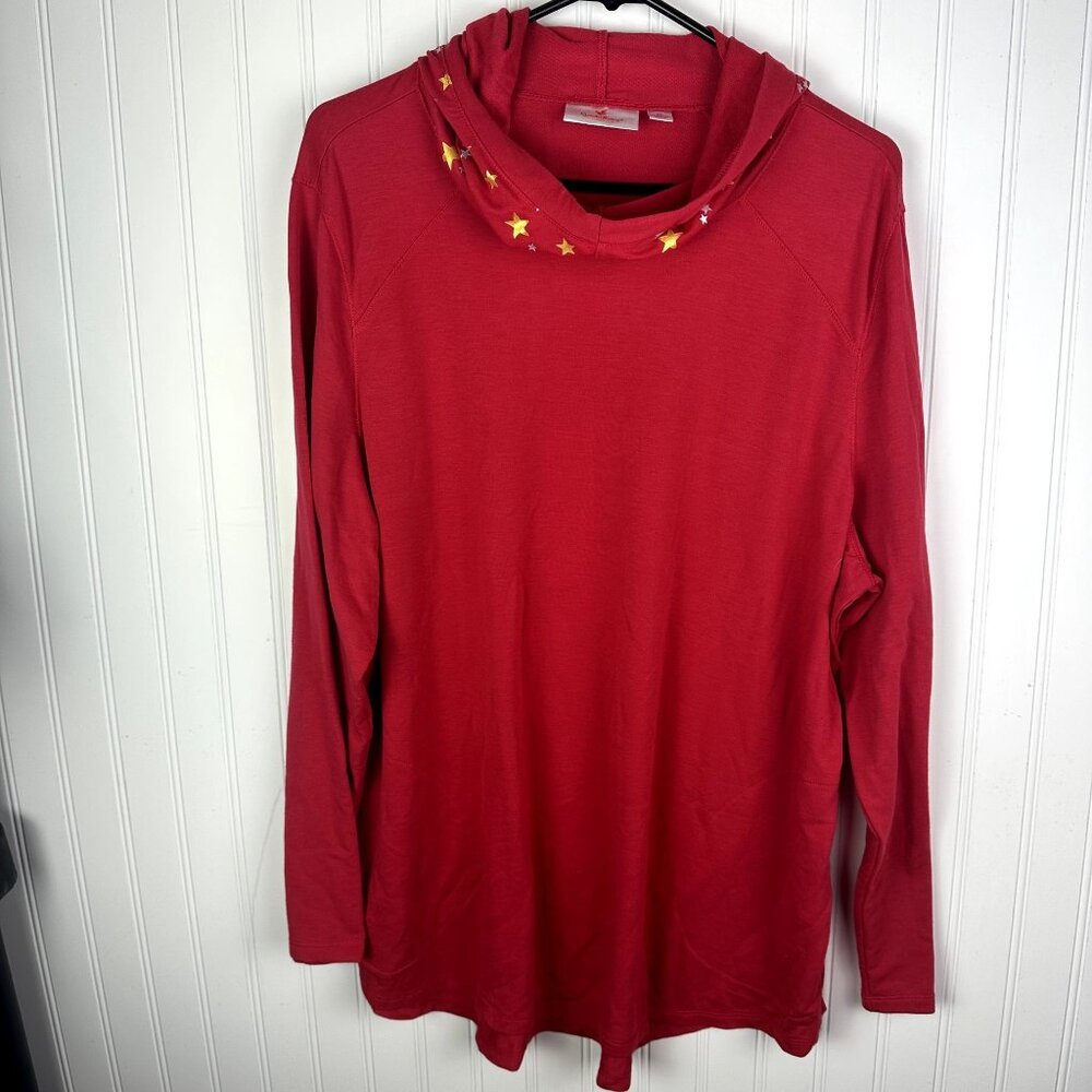Quacker Factory Red Long sleeve Star Print Hood Size‎ XL